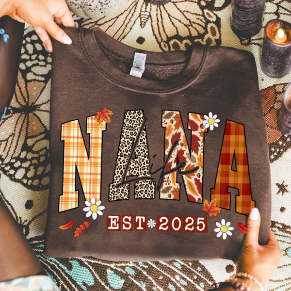 nana life est 2025 sweatshirt fall autumn leaves plaid animal print 1.jpg