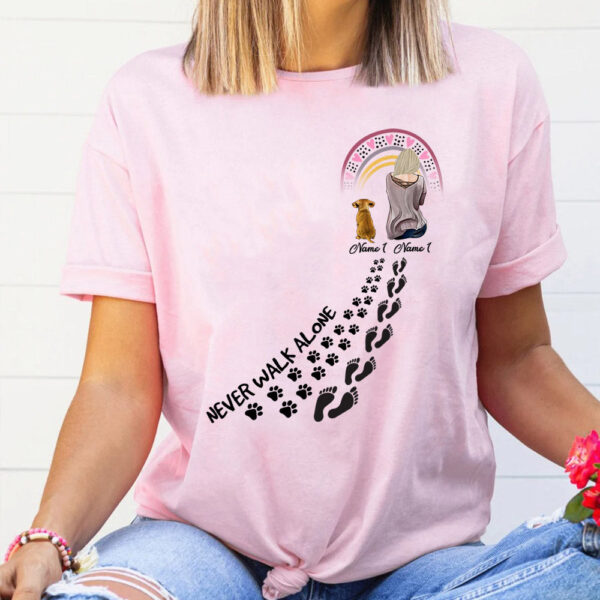 personalized never walk alone shirt custom names dog paw prints tee 1.jpg