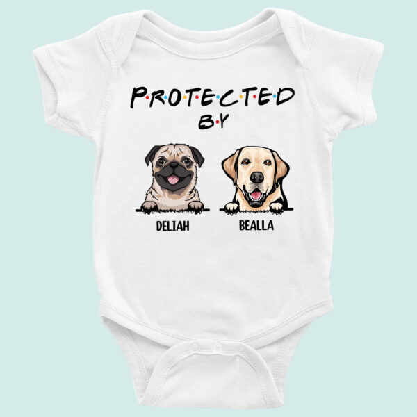 personalized protected by puppies baby bodysuit cute dog onesie 1.jpg