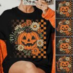 vintage halloween pumpkin floral checkered pattern t shirt for women 1.jpg