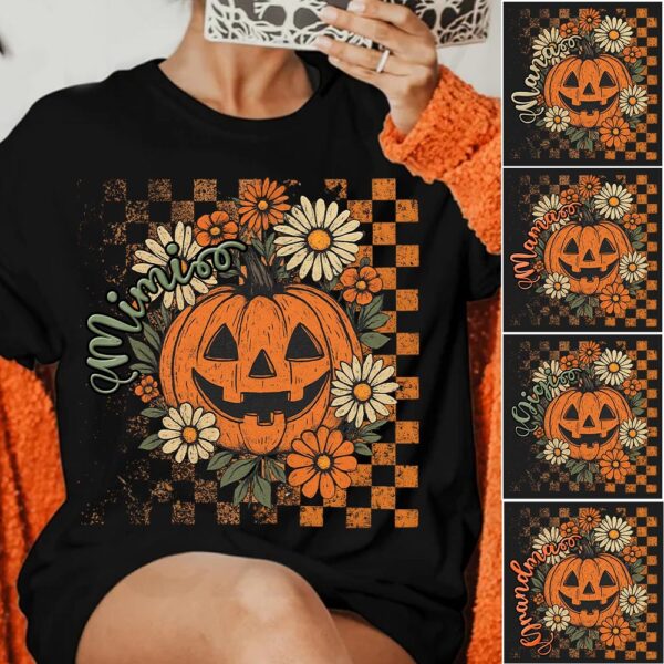 vintage halloween pumpkin floral checkered pattern t shirt for women 1.jpg